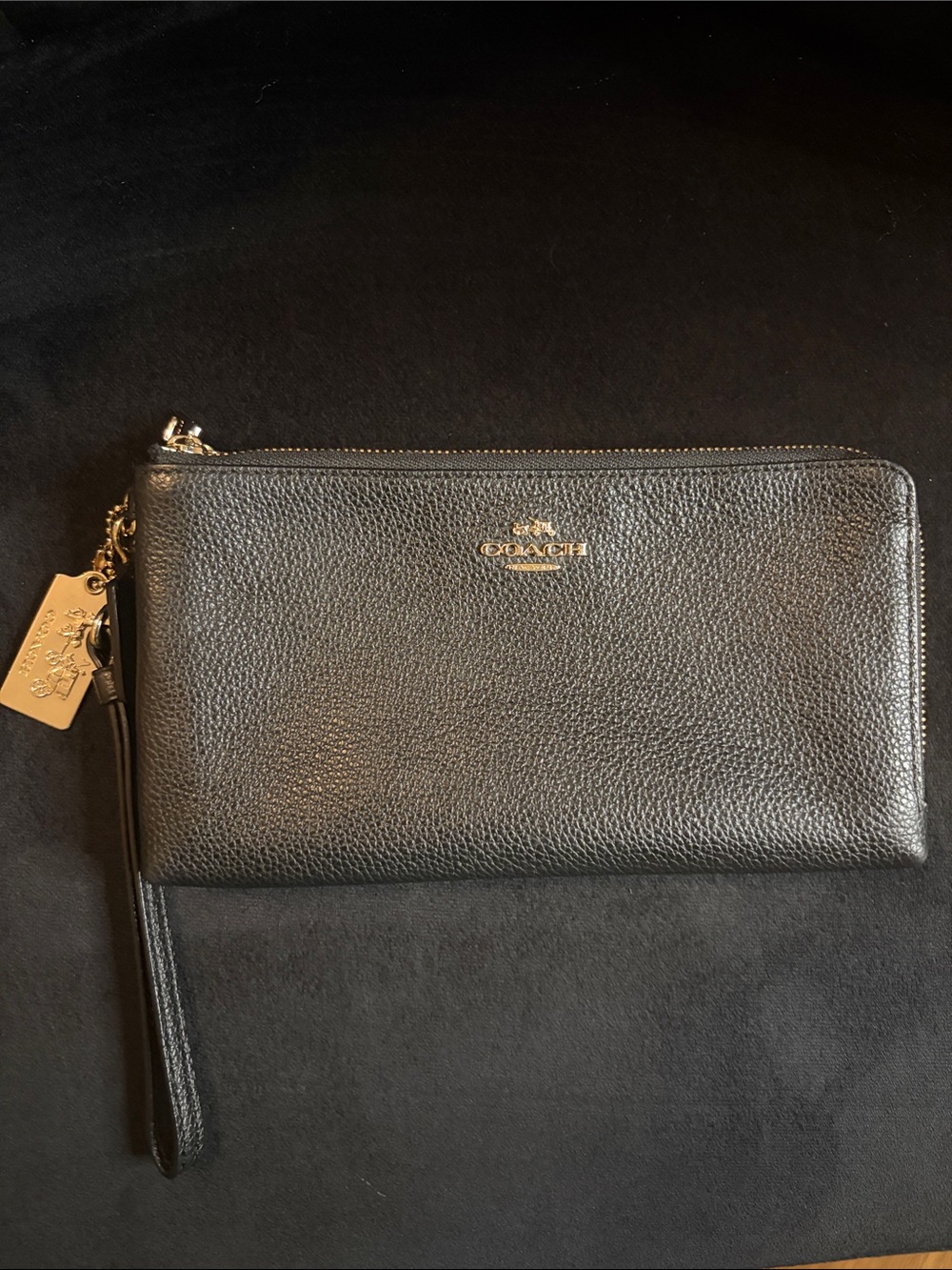 Coach Black Pebbled Leather Wristlet with Gold Hardware